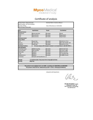 MycoMedica Chaga (Čaga) prášek 100 g analýza